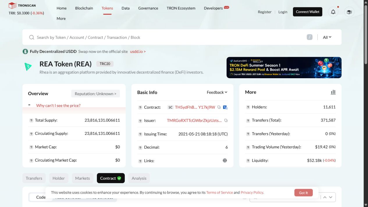 REA Token 在 TRONSCAN 的公开页面